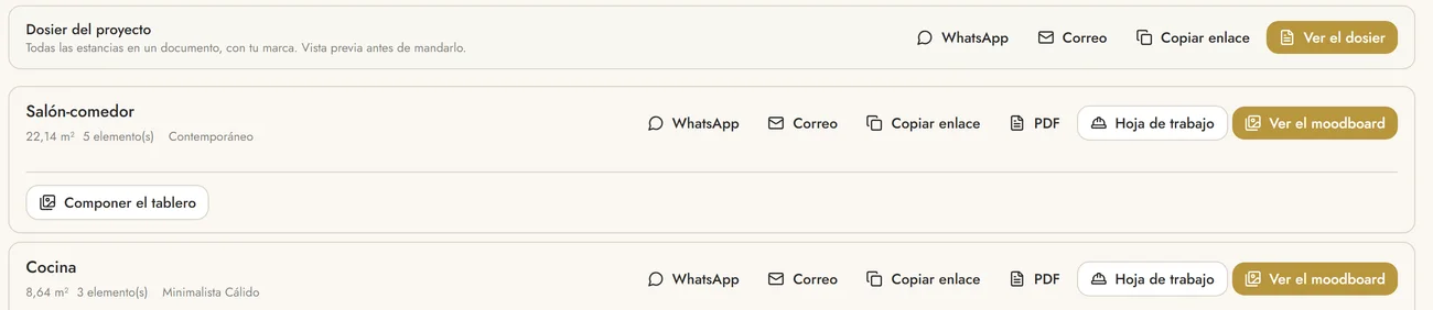 Pantalla con el dosier del proyecto y, por cada estancia, los botones de WhatsApp, correo, copiar enlace, PDF y hoja de trabajo