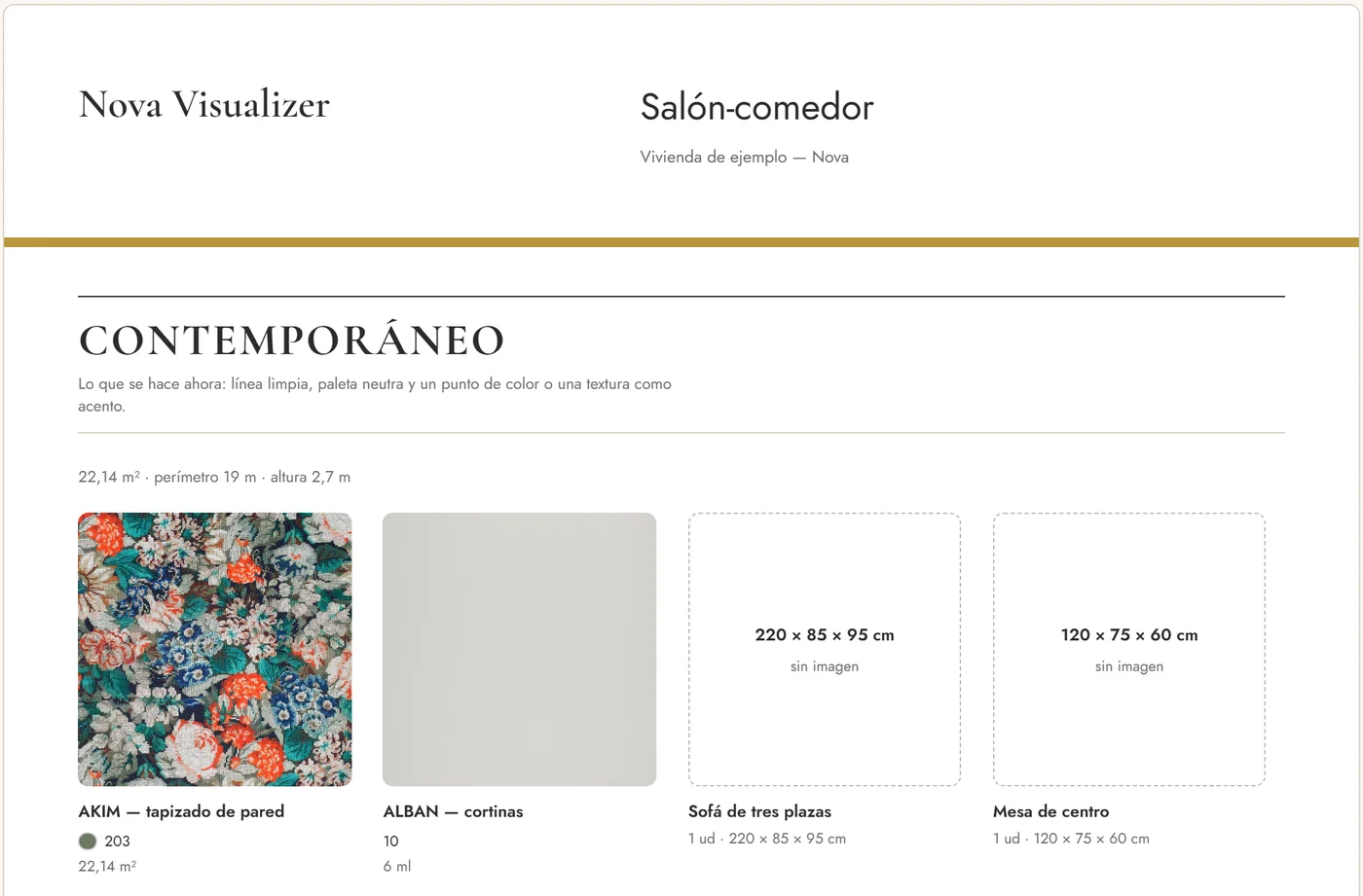 Tablero de un salón con el estilo Contemporáneo, la superficie y la altura de la estancia y cuatro materiales con su color, su cantidad y sus medidas