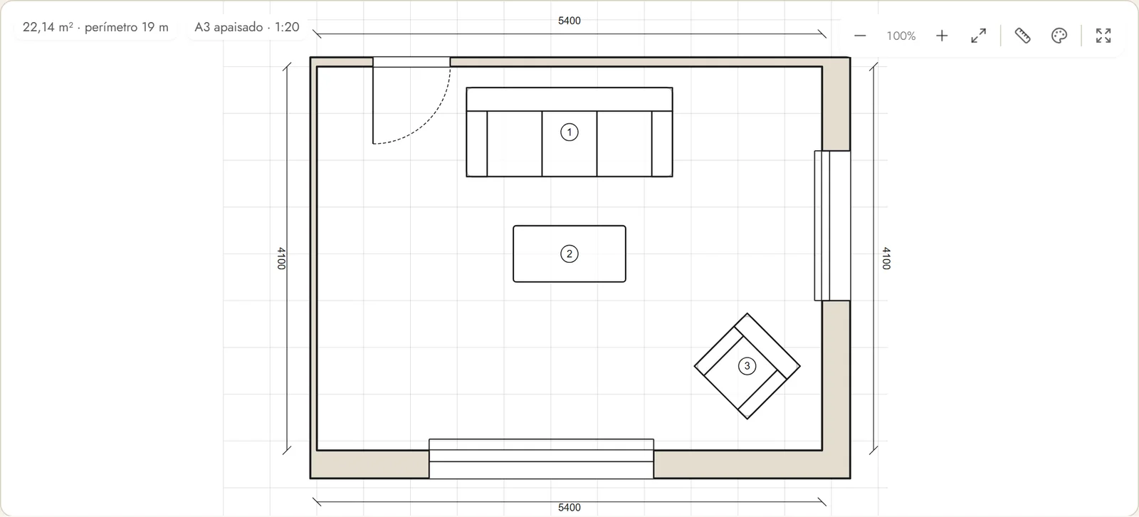 Plano acotado de un salón-comedor de 22,14 m² en A3 a escala 1:20, con las paredes, la puerta con su barrido, dos ventanas y tres muebles numerados